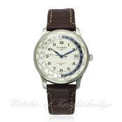 A GENTLEMAN`S STAINLESS STEEL LONGINES MASTER COLLECTION AUTOMATIC WORLD TIME GMT WRIST WATCH