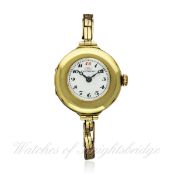 A LADIES 18K SOLID GOLD PEERLESS IWC BRACELET WATCH CIRCA 1920s D: White enamel dial with applied