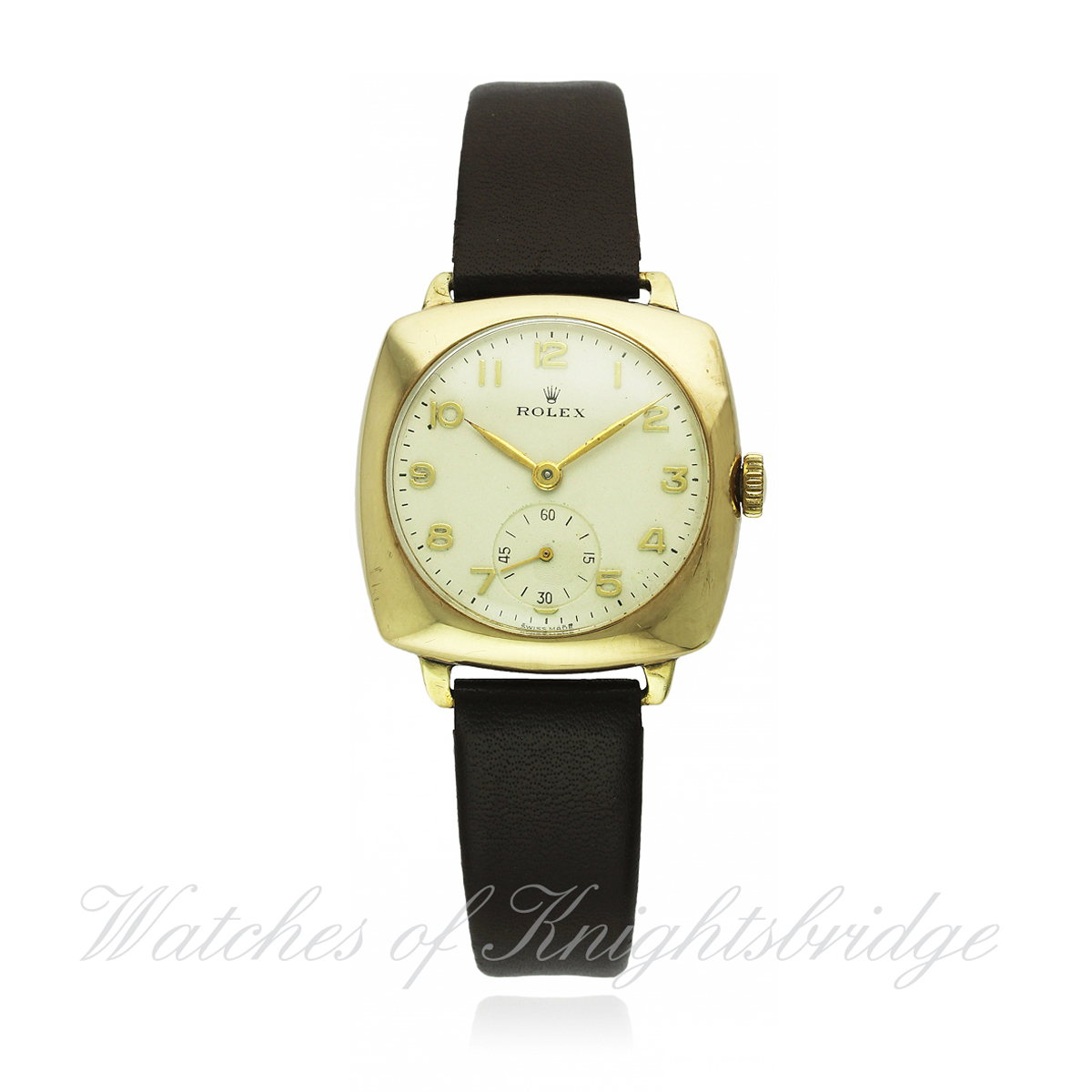 A GENTLEMAN`S 9CT SOLID GOLD ROLEX CUSHION WRIST WATCH CIRCA 1940s, REF. 3428 D: Silver dial with