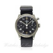 A GENTLEMAN`S STAINLESS STEEL BRITISH MILITARY ROYAL NAVY LEMANIA SINGLE BUTTON CHRONOGRAPH PILOTS