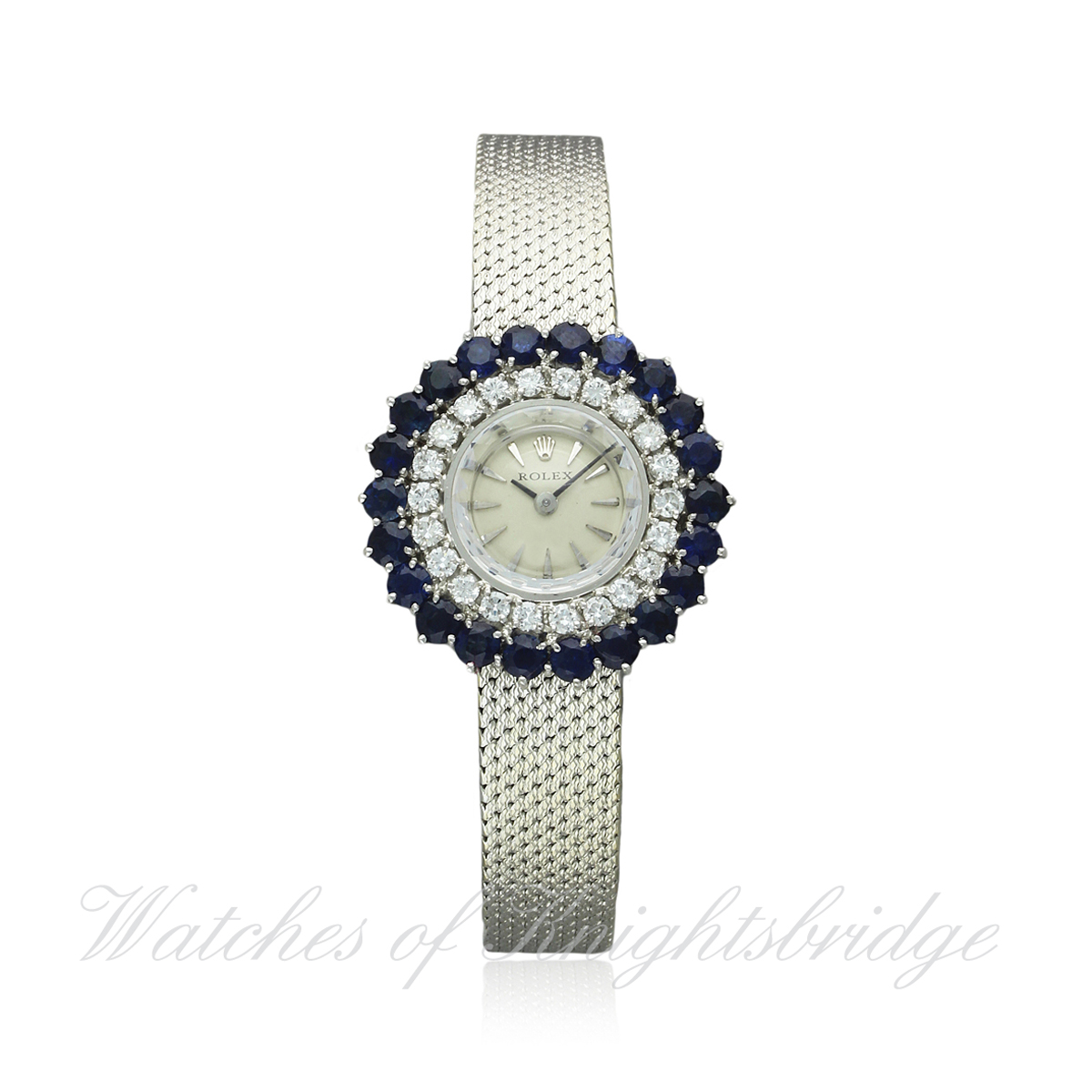 A FINE & RARE LADIES 18K SOLID WHITE GOLD DIAMOND & SAPPHIRE ROLEX BRACELET WATCH CIRCA 1960s,