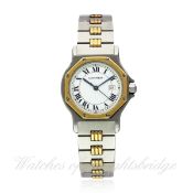 A LADIES STEEL & SOLID GOLD CARTIER SANTOS AUTOMATIC BRACELET WATCH CIRCA 1990s D: White dial with