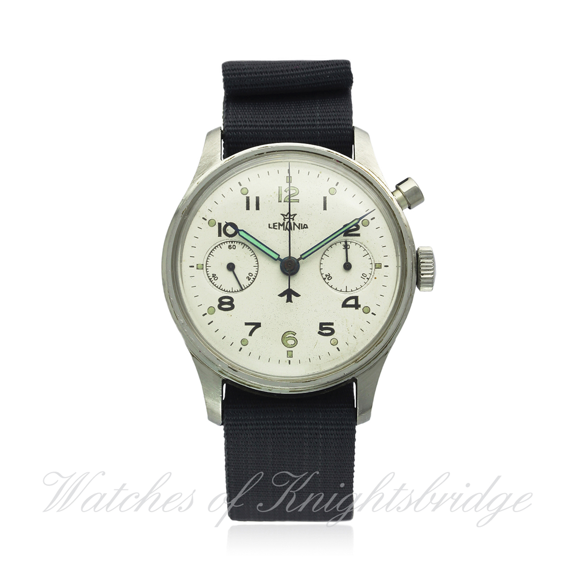 A GENTLEMAN`S STAINLESS STEEL BRITISH MILITARY ROYAL NAVY LEMANIA SINGLE BUTTON CHRONOGRAPH PILOTS