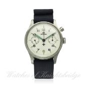 A GENTLEMAN`S STAINLESS STEEL BRITISH MILITARY ROYAL NAVY LEMANIA SINGLE BUTTON CHRONOGRAPH PILOTS