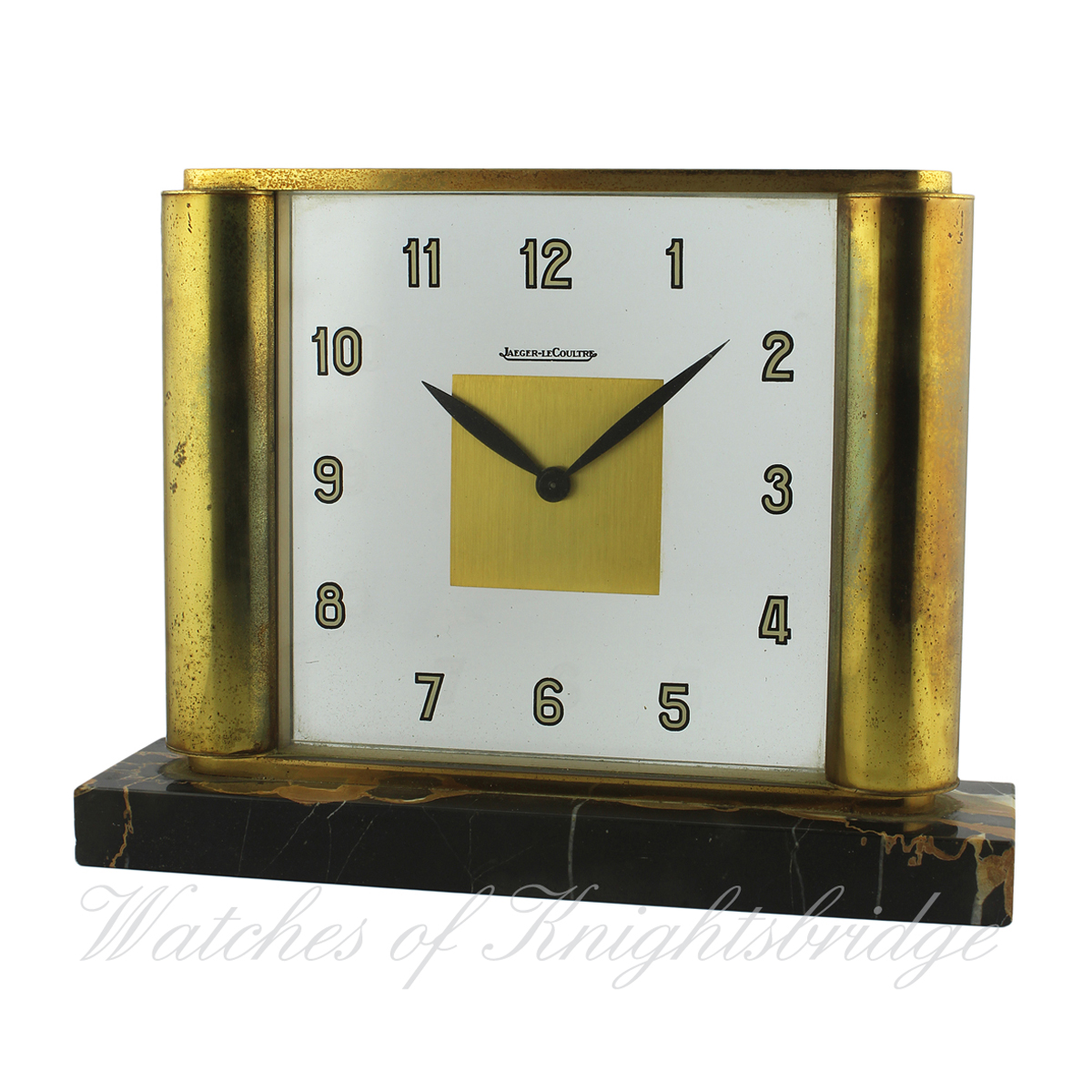 A JAEGER LECOULTRE DESK CLOCK CIRCA 1960s D: Glass dial with applied Arabic numerals. M: Manual