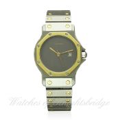 A GENTLEMAN`S STEEL & GOLD CARTIER SANTOS AUTOMATIC BRACELET WATCH CIRCA 1990 D: Grey dial with date