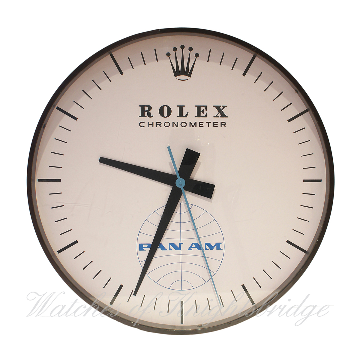 A RARE ROLEX CHRONOMETER PAM AM AIRLINES ELECTRIC WALL CLOCK CIRCA 1970 BY HANOVER MANUFACTURING