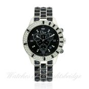 A STAINLESS STEEL DIOR CRYSTAL DIAMOND & BLACK SAPPHIRE CHRONOGRAPH BRACELET WATCH CIRCA 2008,