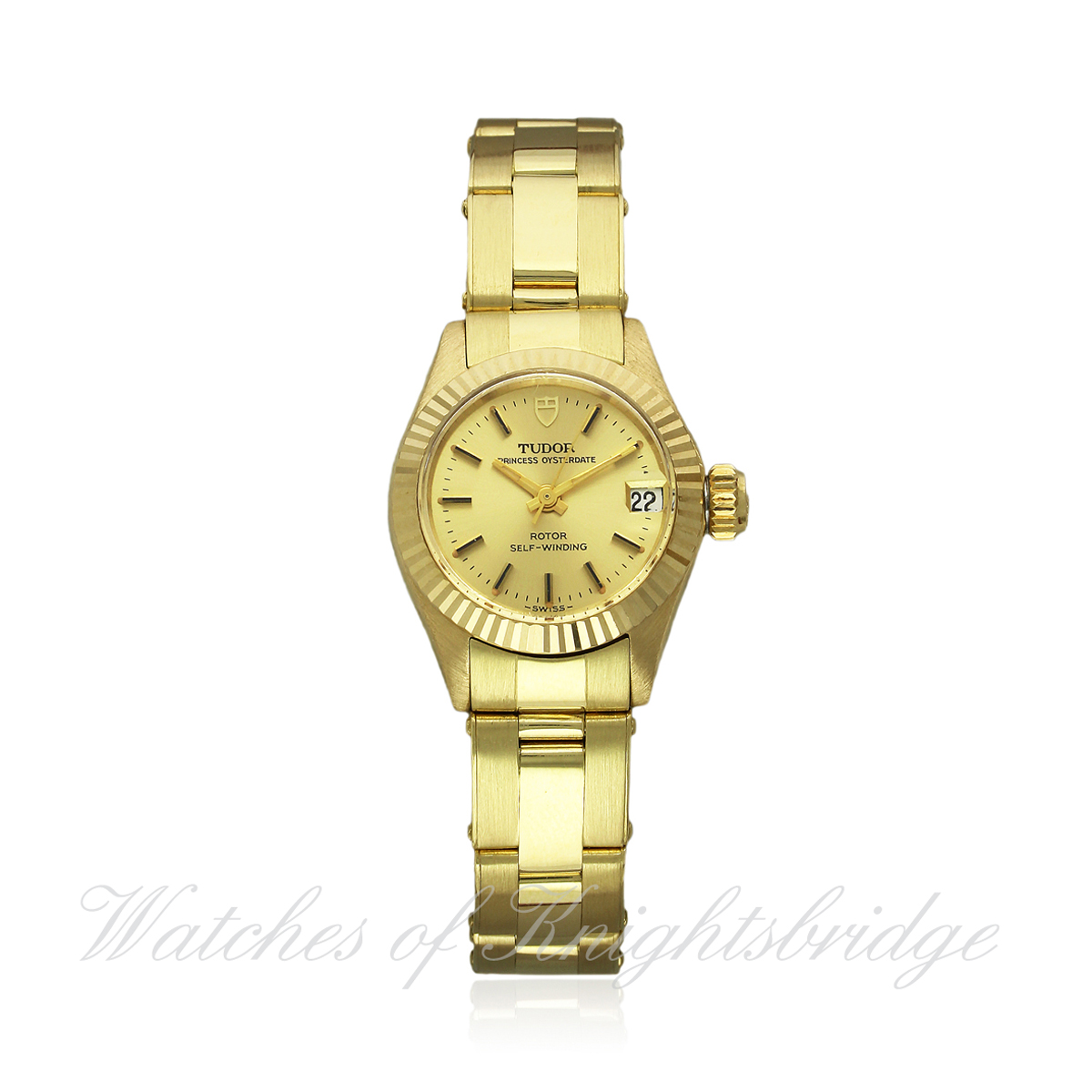 A RARE LADIES 18K SOLID GOLD ROLEX TUDOR PRINCESS OYSTERDATE BRACELET WATCH CIRCA 1972. REF. 7592/