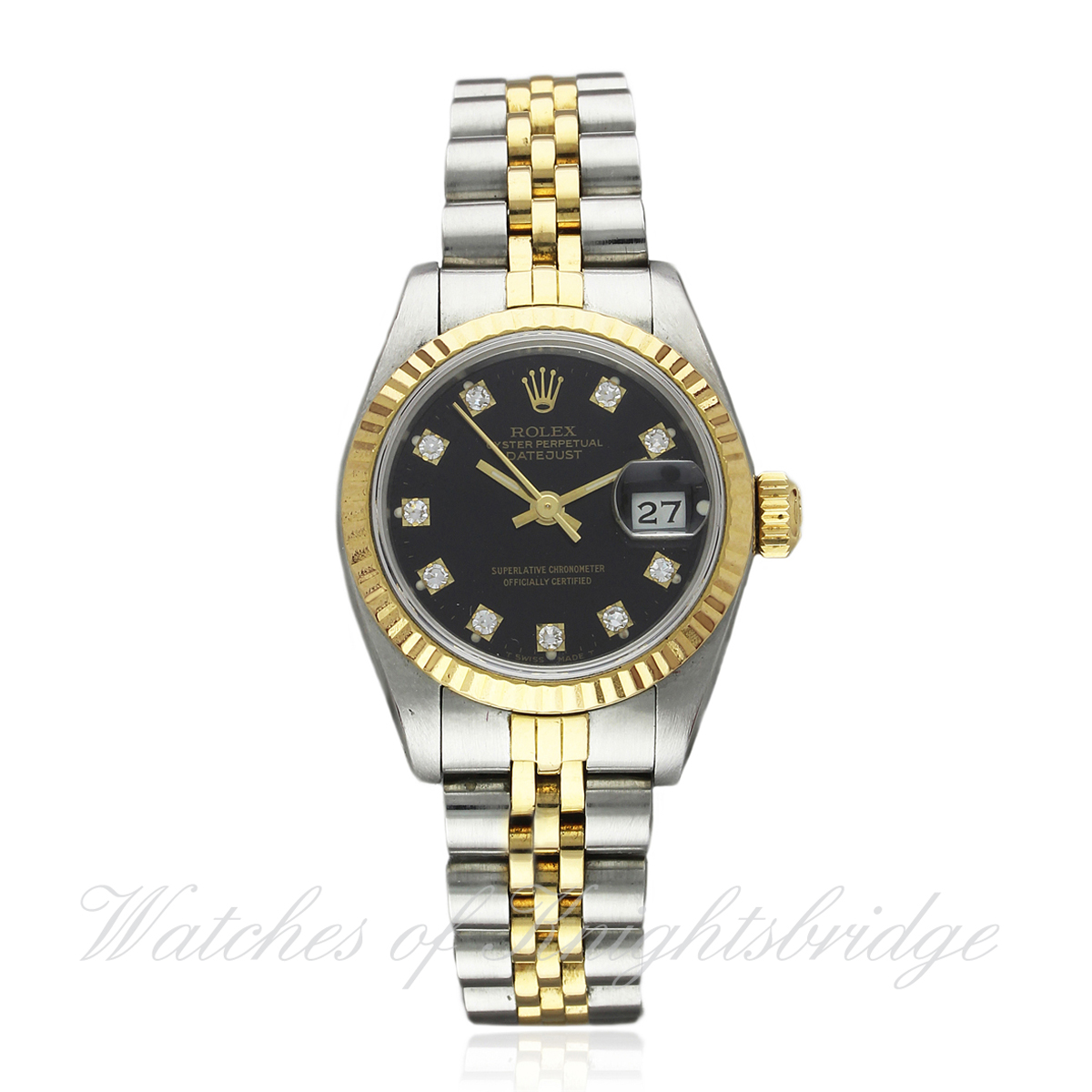 A LADIES STEEL, GOLD & DIAMOND ROLEX OYSTER PERPETUAL DATEJUST BRACELET WATCH DATED 1987, REF. 69173