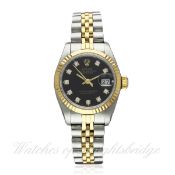 A LADIES STEEL, GOLD & DIAMOND ROLEX OYSTER PERPETUAL DATEJUST BRACELET WATCH DATED 1987, REF. 69173