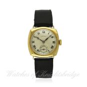 A GENTLEMAN`S 9CT SOLID GOLD LONGINES CUSHION WRIST WATCH CIRCA 1930s D: Silver dial with applied