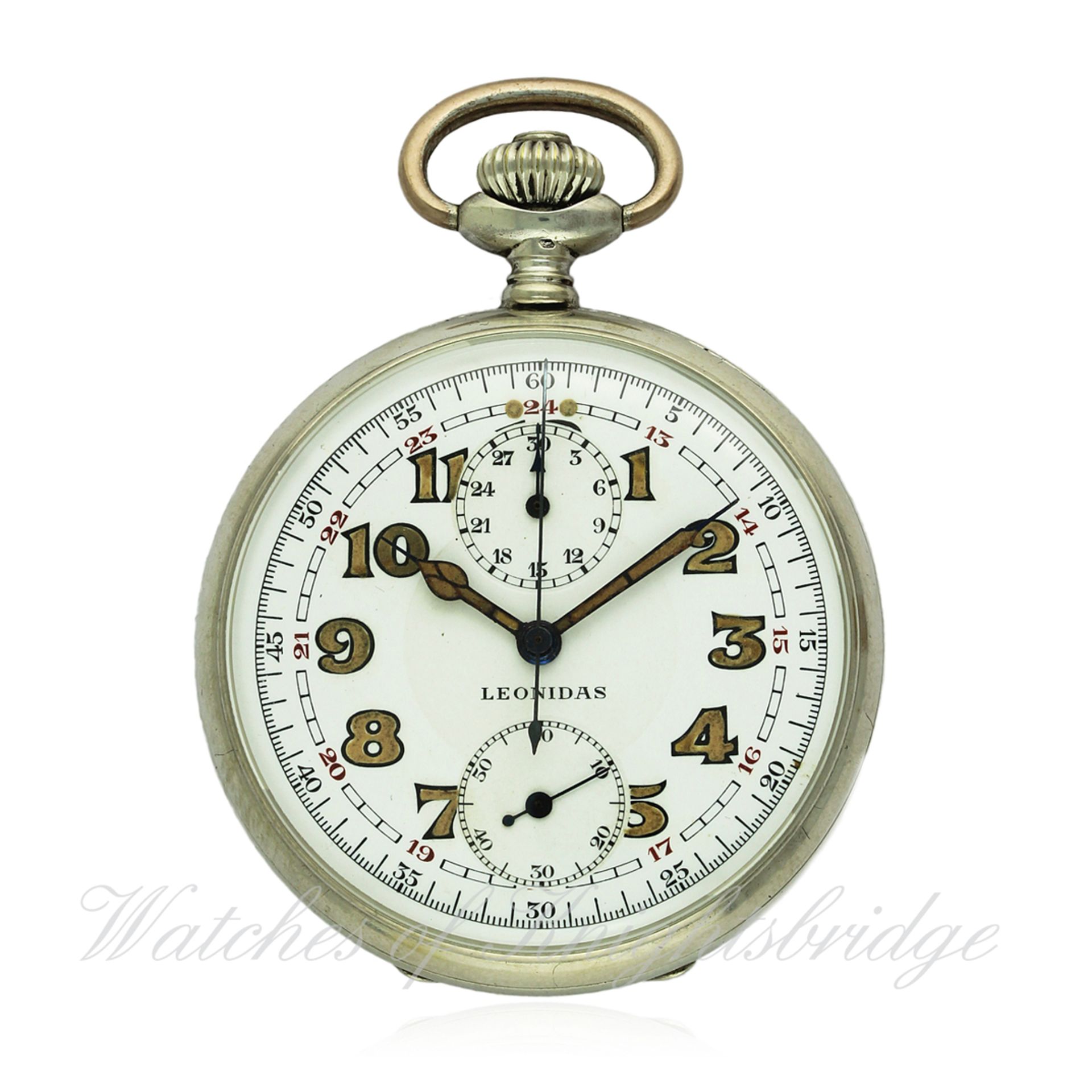 A GENTLEMAN`S SOLID SILVER OPEN FACE LEONIDAS CHRONOGRAPH POCKET WATCH CIRCA 1920 D: Enamel dial