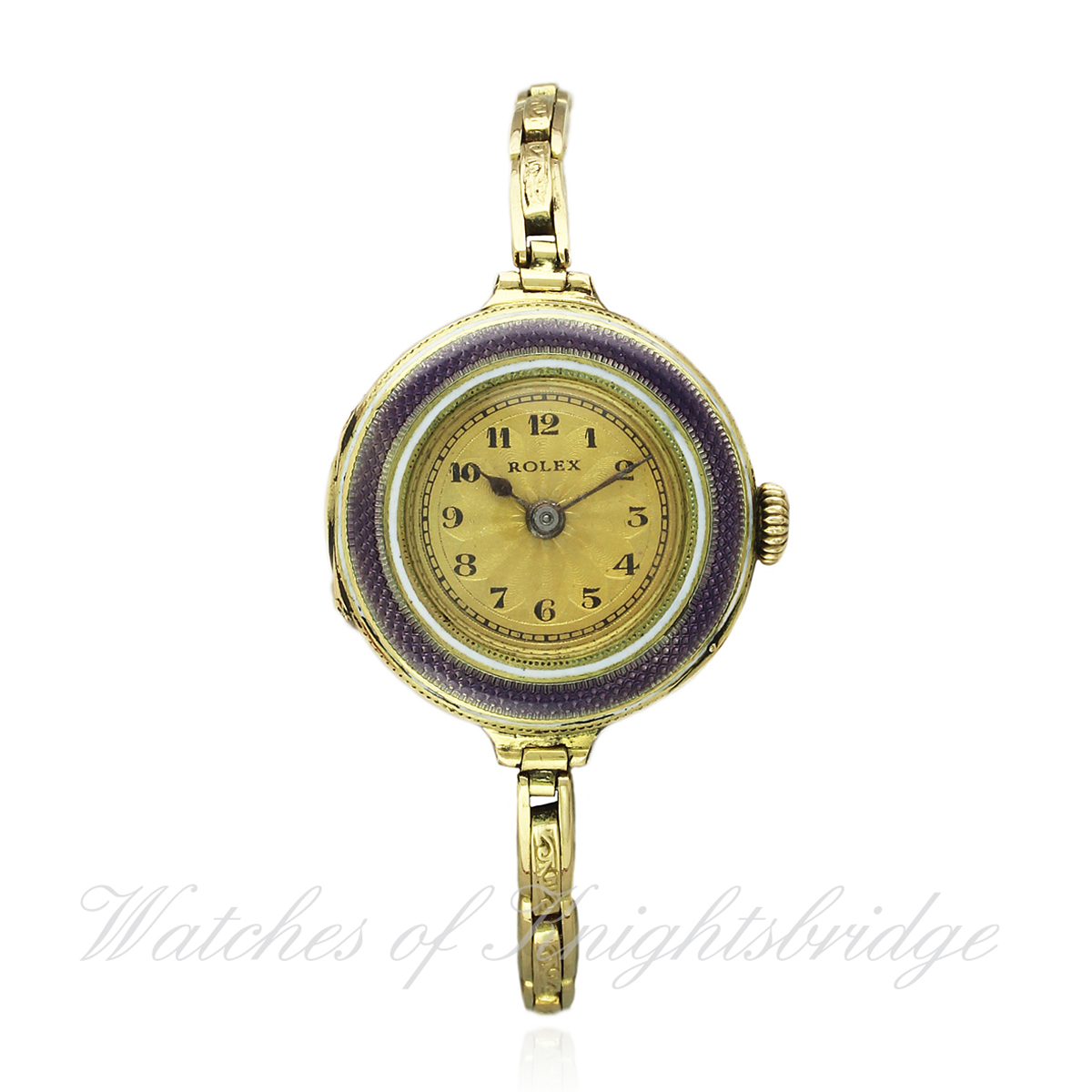 A LADIES 18K SOLID GOLD & ENAMEL ROLEX BRACELET WATCH CIRCA 1920s D: Champagne engine turned dial