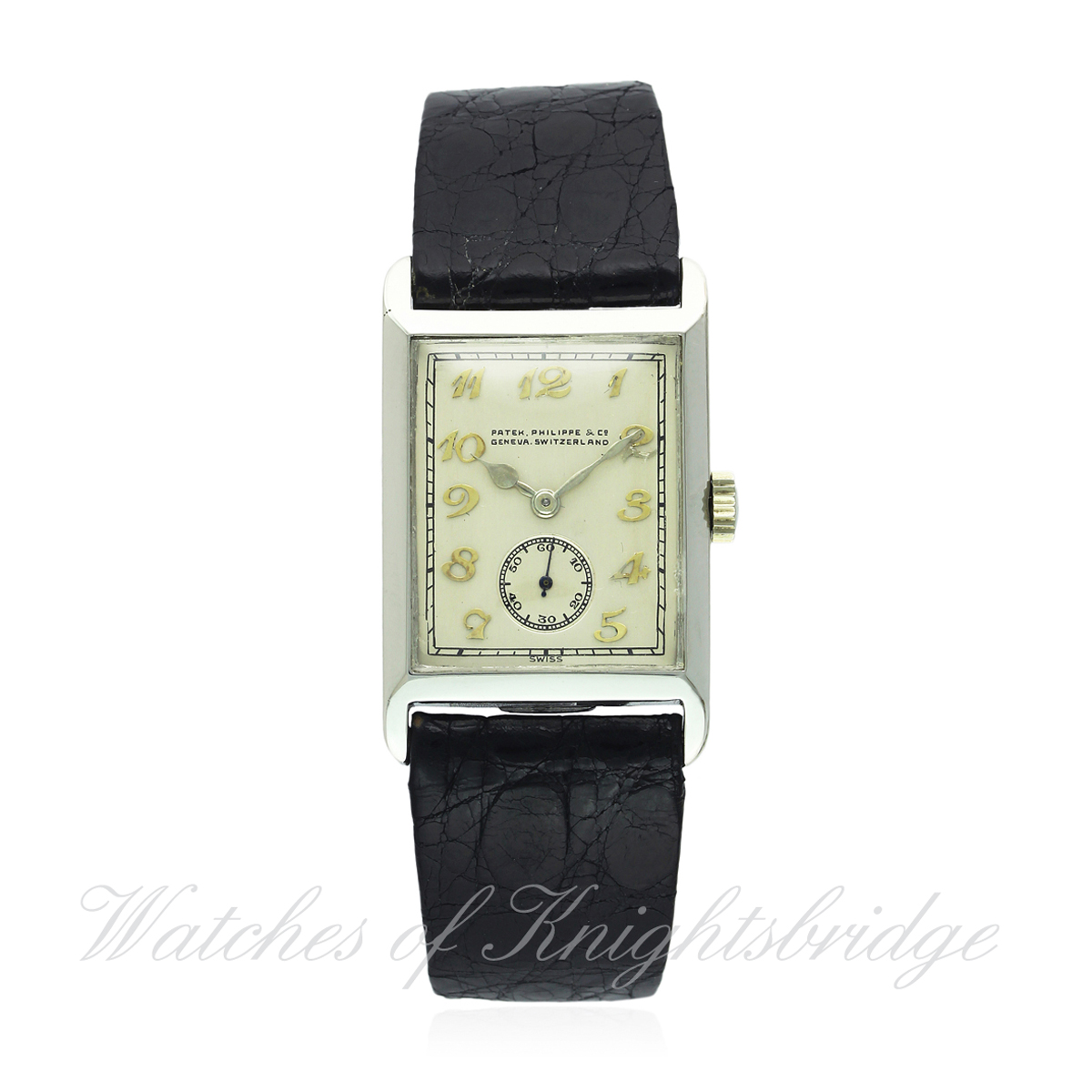 A RARE GENTLEMAN`S 18K SOLID WHITE GOLD RECTANGULAR PATEK PHILIPPE ART DECO WRIST WATCH CIRCA