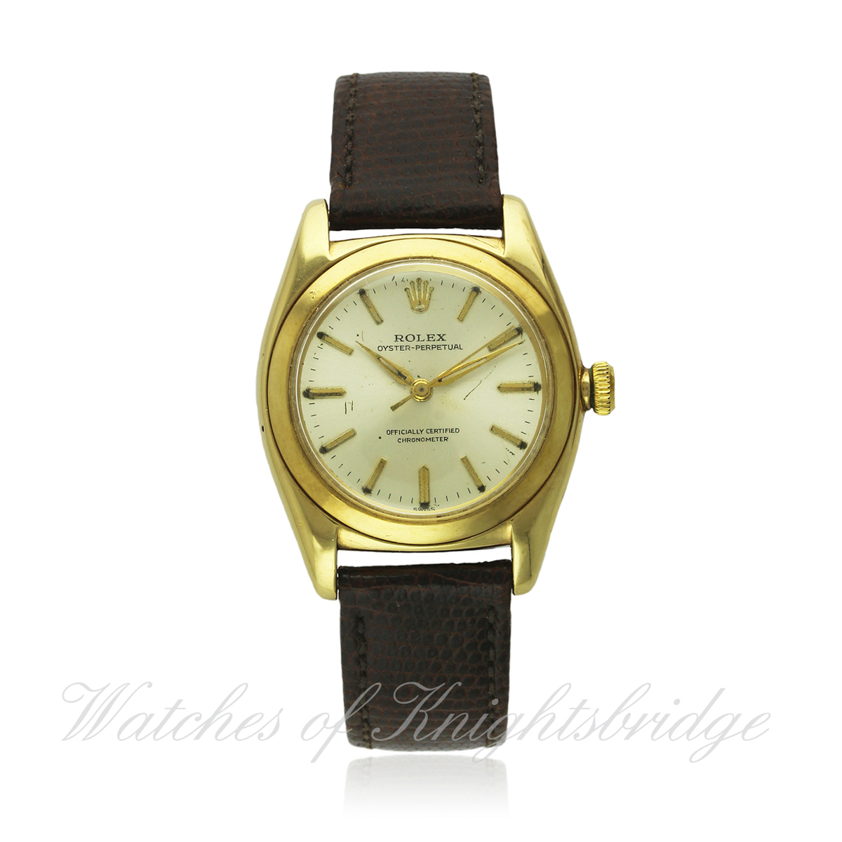 A GENTLEMAN`S 14K SOLID GOLD ROLEX OYSTER PERPETUAL "BUBBLE BACK" CHRONOMETER WRIST WATCH CIRCA