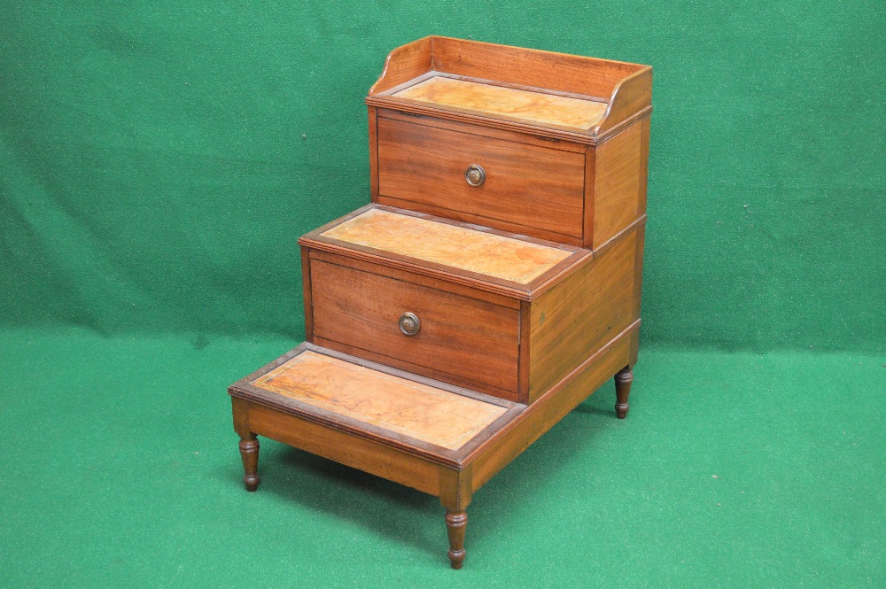 A set of mahogany converted commode/library steps having 3/4 raised gallery over false drawer and