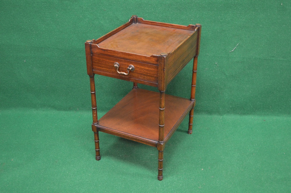 A mahogany Regency style lamp table having full raised gallery over single drawer with brass handle,