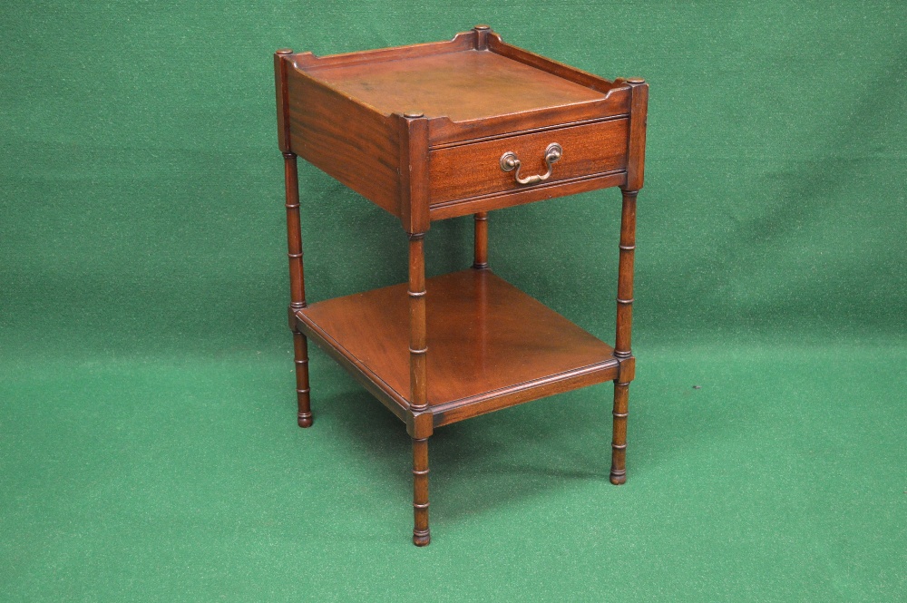 A mahogany Regency style lamp table having full raised gallery over single drawer with brass handle,