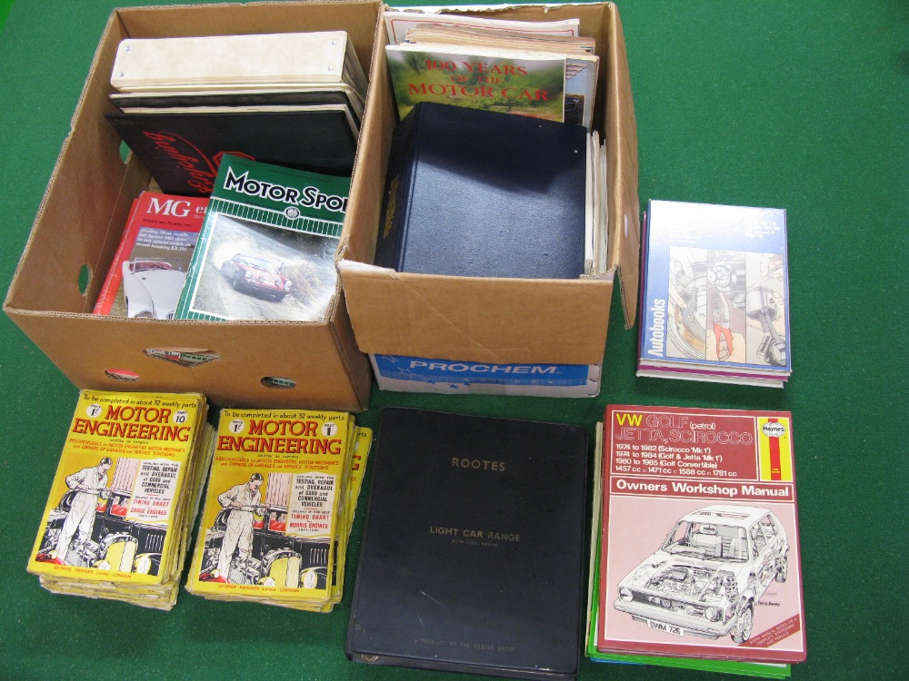 A quantity of Motoring magazines, workshop manuals, Motor Engineering booklets etc