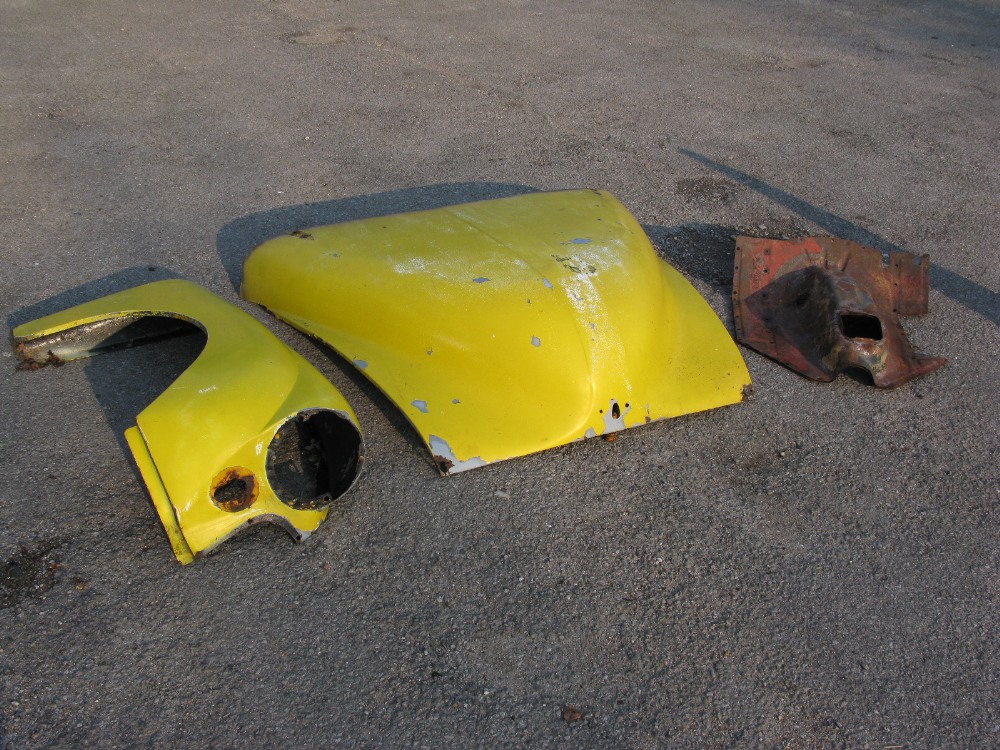 A bonnet from a 1972 Morris Minor GPO van, original steel off side front wing and two transmission