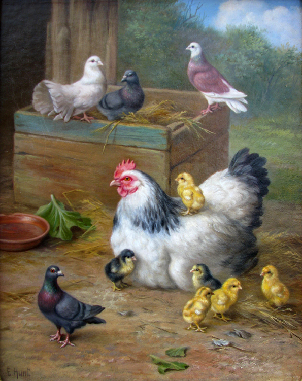 Edgar Hunt. Pair of Oil paintings on panel depicting Chickens and Rabbits and a Hen with Chicks