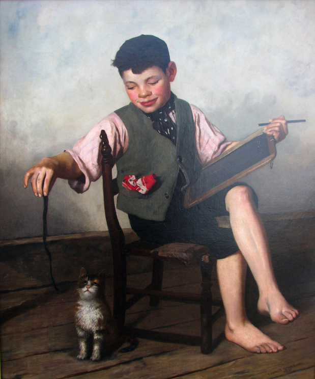 Charles Spencelayh, 1865-1958. Oil painting on canvas. The Pupil. Young boy and Cat. Signed. 75cm