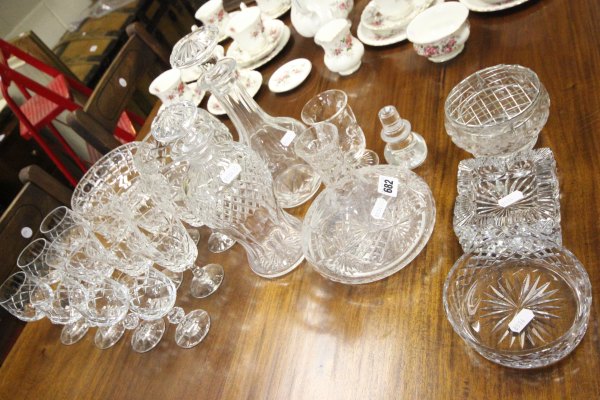 Group of Cut Glass Crystal including Rose Bowl, 6 Sherry Glasses, 6 Wine Glasses, Bowl, Heavy