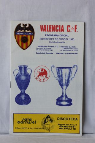 Valencia v Nottingham Forest, 2nd leg of the European Super Cup Football Programme played 17/12/1980