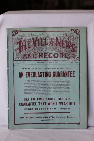 Aston Villa v Foresters Association Reserve Football Programme played on 19th October 1907 ex-