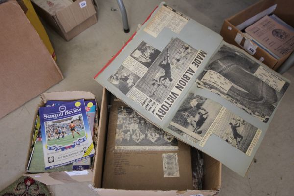 Box of assorted football scrapbooks and newspapers plus a box of programmes