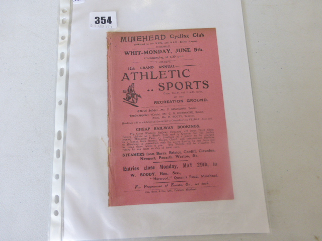 Athletics/Cycling - an original competitors entry form for the 1911 Minehead Cycling Club