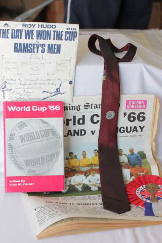 England World Cup 1966 Collectables including Tie, rossette x2, The Day We Won the Cup vinyl, book