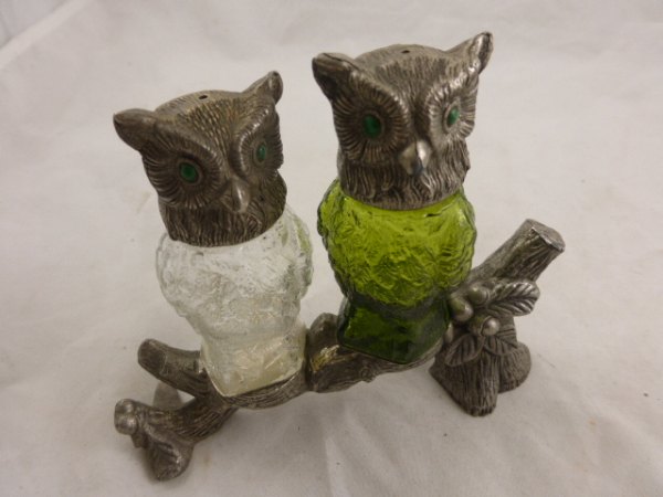 Pair of Glass Owl Condiments with white metal head sat on a white metal branch