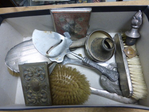Silver Backed Dressing Brush Set together with a Silver Spoon and a quantity of plated items