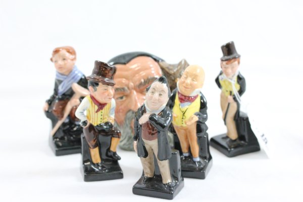 Five Royal Doulton `Dickens` Figures plus a Royal Doulton Medium Merlin Character Jug