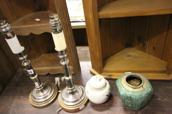 Pair of 19th century Silver Plated Candlesticks converted to lamps and a Small Vintage Fireguard