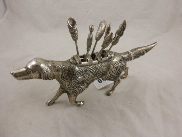 White Metal Gun Dog with Six Olive / Oyster Forks, the handles with a fish theme