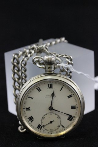 A Silver Pocket Watch and Chain 1939 Chippenham maker, Calne inscription to case