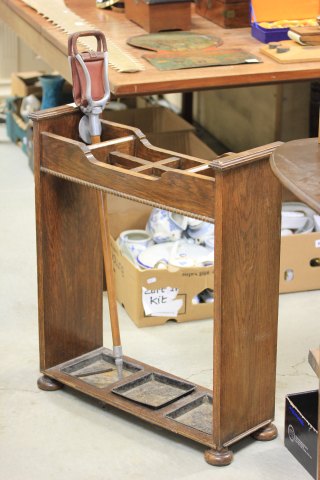 Edwardian Oak Three Section Umbrella / Stick Stand and a Shooting Stick