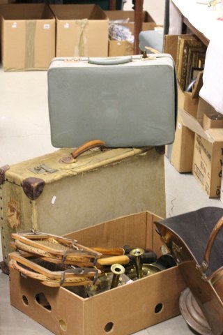 Mixed Lot comprising Brass Chambersticks, Dressing Table Brushes and Mirrors, Copper Coal Scuttle,