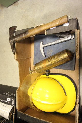 A Collection of Fire Fighting Items including Wooden Handled Fire Axe, Vintage Fire Extinguisher,