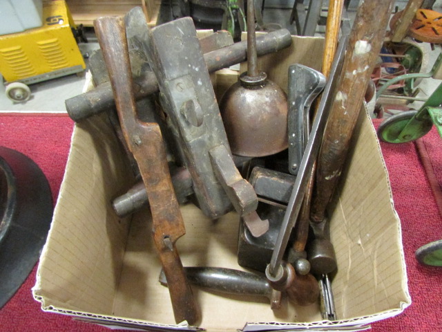 A Box of Mixed Tools including Planes, Hammers etc