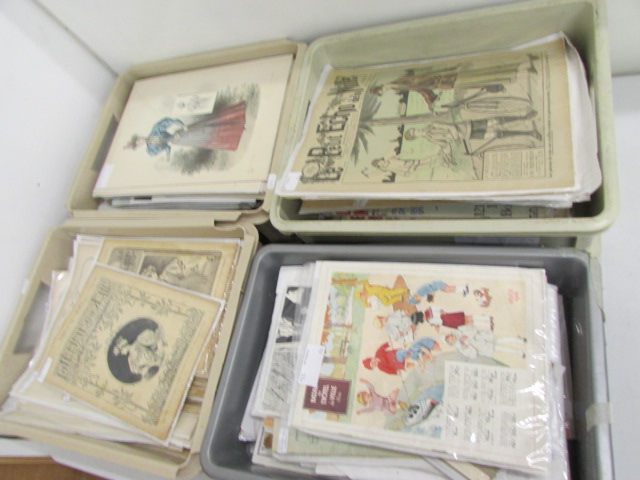 Four plastic trays of fashion related items mainly French including vintage magazines from late