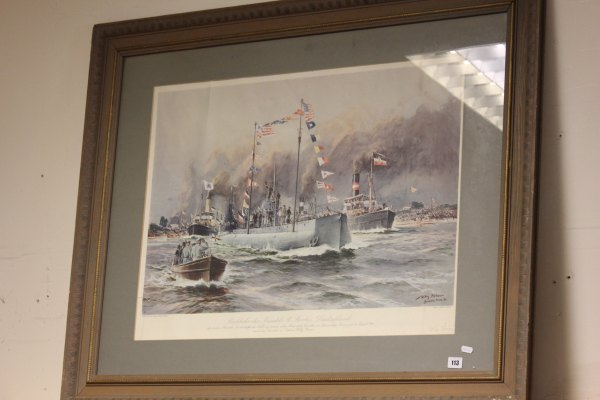 A Large Coloured Framed Print of a World War I U Boat being launched, signed Willy Stower Bremen