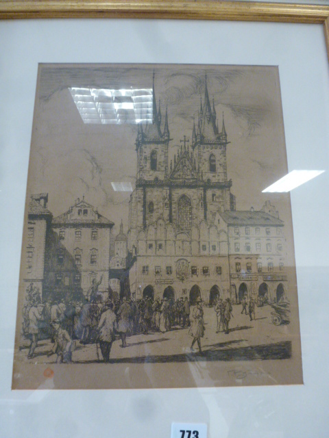 Framed and Glazed Black and White Etching of `The Old Town Square` Tynchurch Prague by T F Simon (