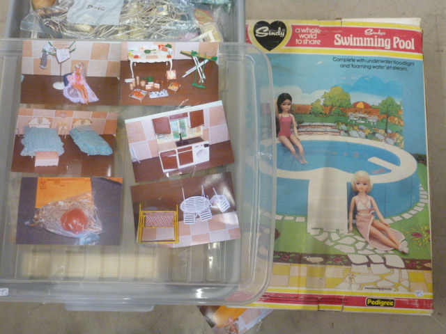 Quantity of Sindy accessories plus Sindy & Barbie doll including boxed Sindy`s Swimming Pool