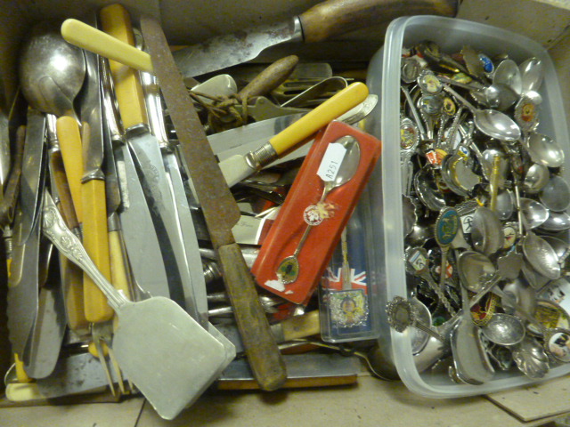 Tray of Mixed Cutlery, Souvenir Tea Spoons, Horn Handled Carving Knives, etc