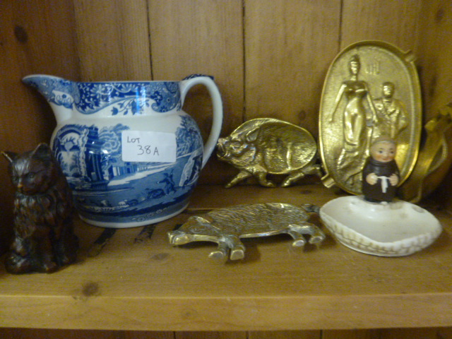 Mixed Lot including Spode Italian Jug, Goebel Monk Ashtray, Cat Model, Two Brass pig Trinket