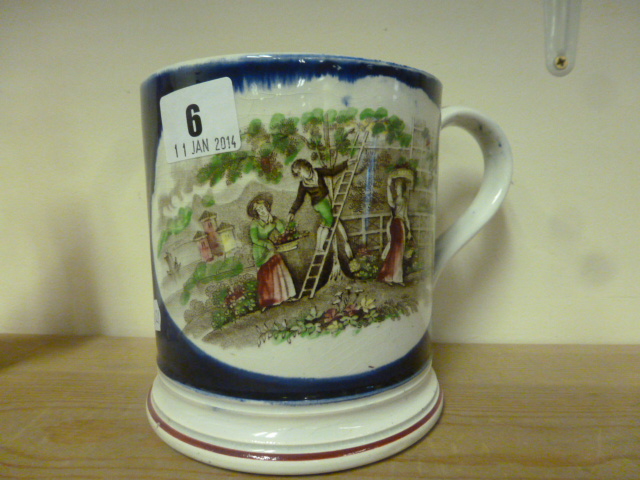 Large 19th century Pottery Tankard with decorated garden panel scenes